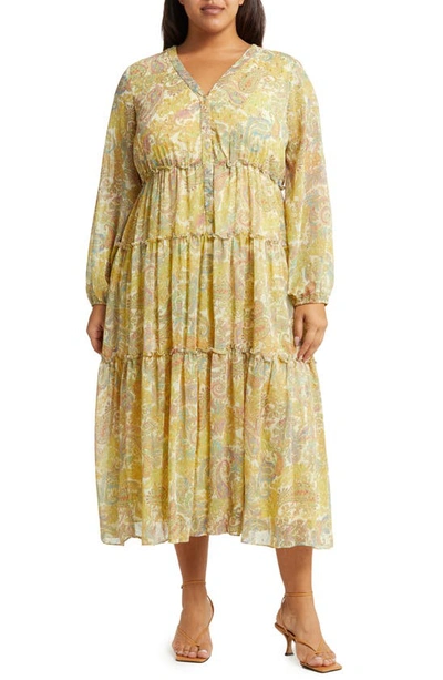 Taylor Dresses Paisley Long Sleeve Tiered Dress In Yellow Gold Paisley
