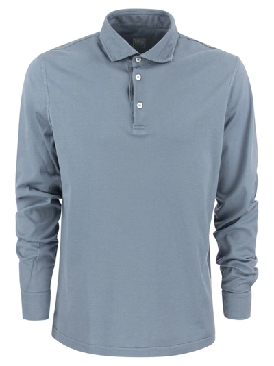 Fedeli Long-sleeved Cotton Polo Shirt In Avio Blue