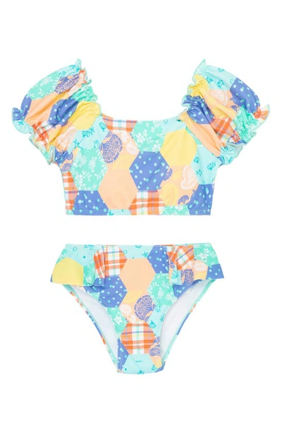 Peek Aren't You Curious Kids' Patchwork Print Puff Sleeve Two-piece Swimsuit In Teal Print