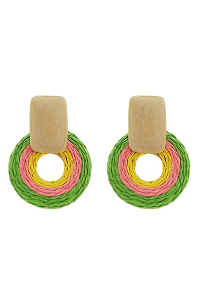 Panacea Wood & Raffia Frontal Hoop Earrings In Multi
