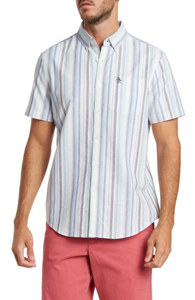 Original Penguin Vertical Stripe Short Sleeve Button-up Shirt In Lichen