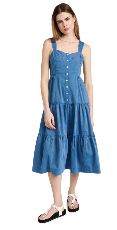 Madewell Stripe Button Front Tiered Midi Dress In Cerulean Blue
