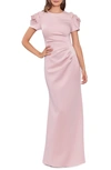 Xscape Ruffle Short Sleeve Scuba Gown In Blush