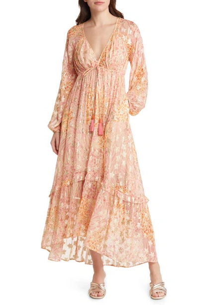 Ciebon Crissta Metallic Print Long Sleeve Maxi Dress In Light Pink