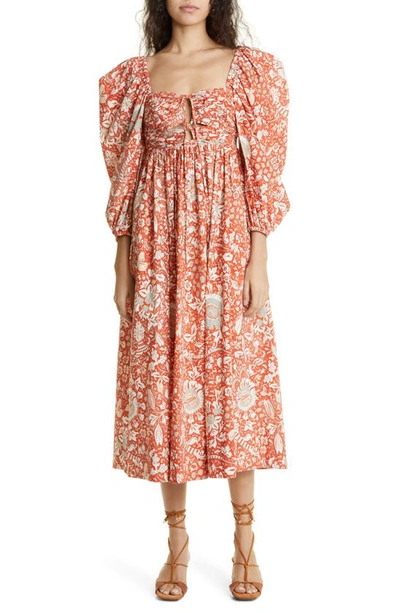 Ulla Johnson Alessa Floral Balloon Sleeve Cotton Midi Dress In Orange Blossom