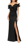 Xscape Ruched Ruffle Scuba Gown In Black