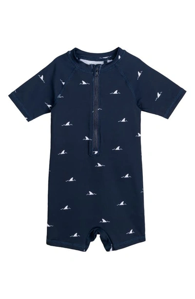 Miles The Label Babies' Shark Fins Short Sleeve One-piece Rashguard Swimsuit In 604 Navy
