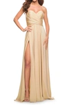 La Femme Strapless Jersey Gown In Light Gold