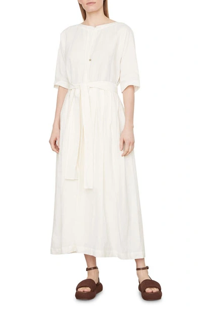 Vince Boat-neck Belted Linen-cotton Midi Dress In Optic White