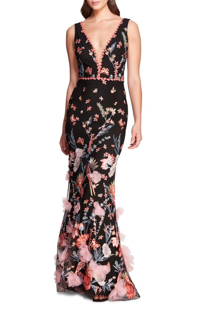 Marchesa Notte Deep V-neck Embroidered Tulle Gown In Black Multi