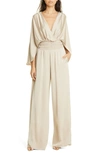 Ramy Brook Cheri Long Sleeve Satin Jumpsuit In Flax