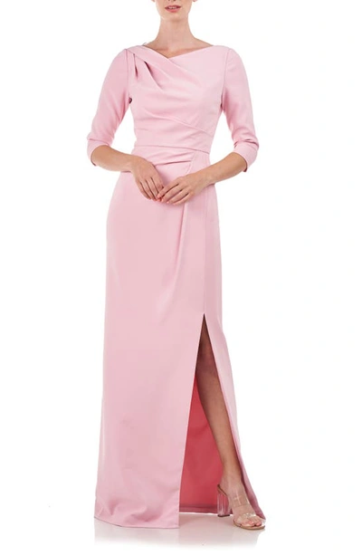 Kay Unger Margerite Pleated Side-slit Column Gown In Pink Mauve