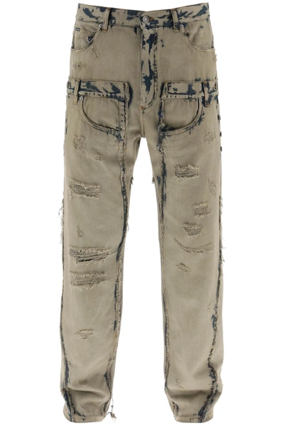 Dolce & Gabbana Overdyed Patchwork Denim Jeans In Brown