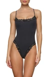 Skims Fits Everybody Lace-trimmed Stretch-jersey Thong Bodysuit In Onyx