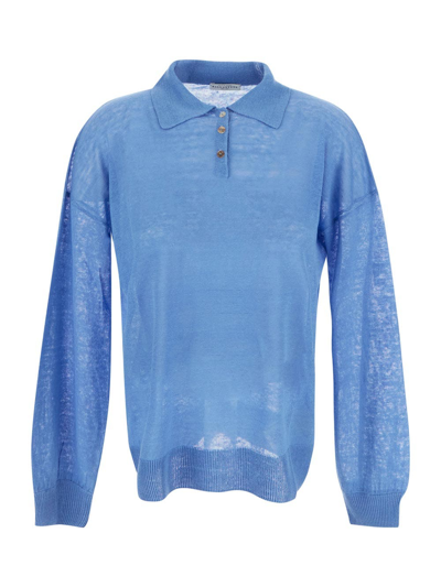 Ballantyne Long Sleeve Linen Polo In Blue