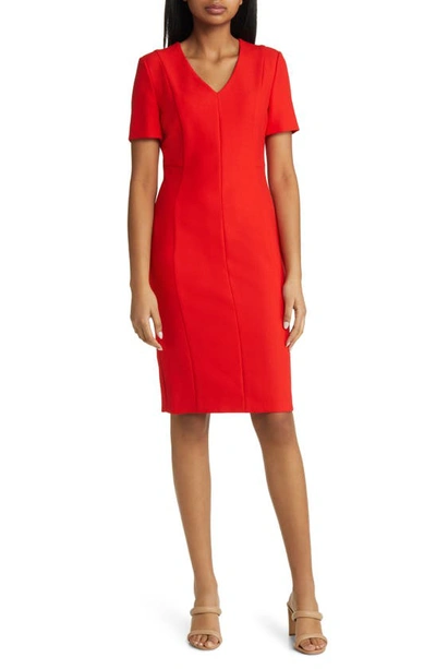 Hugo Boss V-neck Business Dress With Short Sleeves In Lipstick
