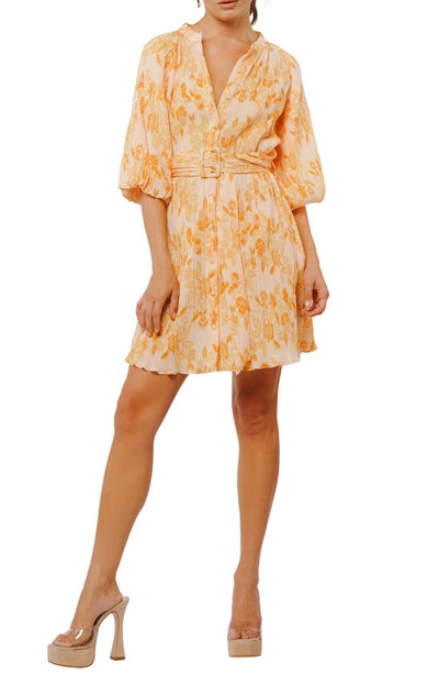 Ciebon Marena Pleated Balloon Sleeve Dress In Yellow Multi In Orange