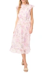 Cece Floral Clip Dot Smocked Ruffle Midi Dress In Corsage Pink