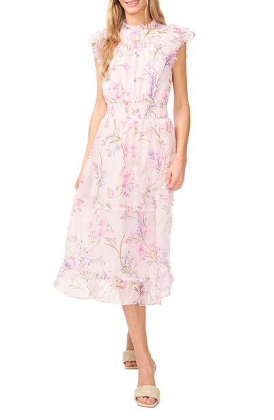 Cece Floral Clip Dot Smocked Ruffle Midi Dress In Corsage