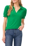Cece Puff Sleeve Point Collar Knit Top In Green