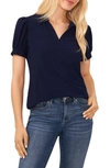 Cece Puff Sleeve Point Collar Knit Top In Navy