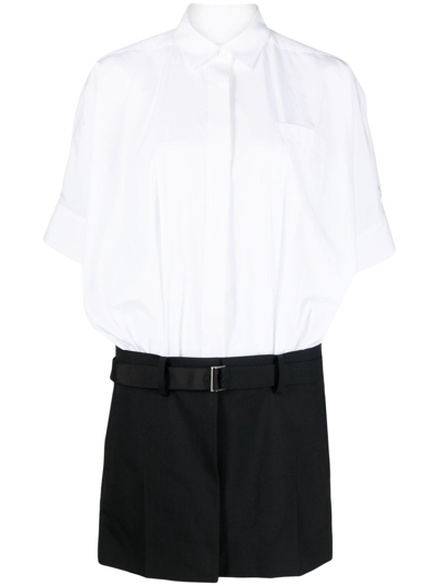 Sacai Thomas Mason Mixed Media Shirtdress In White/ Black