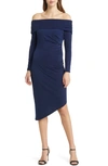 Sam Edelman Off The Shoulder Long Sleeve Midi Body-con Dress In Navy