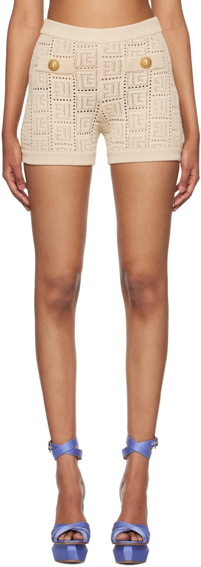 Balmain Monogrammed Openwork Knit Mini Shorts In Ficelle