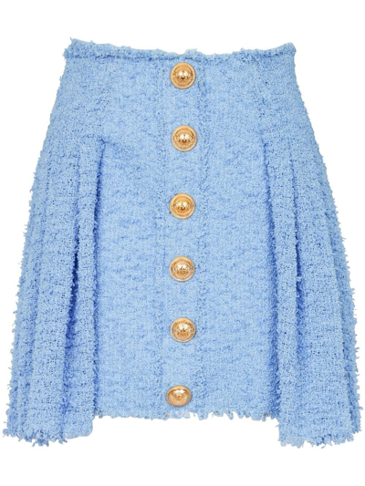 Balmain Tweed Buttoned Mini Skirt In Light Blue