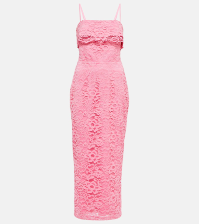 Rasario Pink Floral Lace Fitted Midi Dress