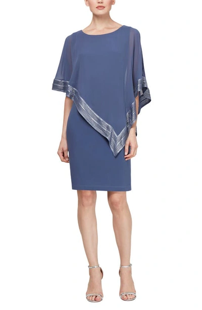 Sl Fashions Foil Trim Asymmetrical Popover Capelet Sheath Dress In Lilac Haze