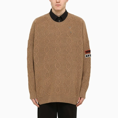 Raf Simons Beige Intarsia Jumper With Patches In Brown