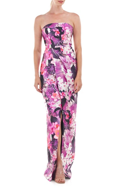 Kay Unger Lucienne Floral Strapless Column Gown In Magenta
