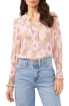 1.state Smocked Tie Neck Blouse In Breezy Blooms Blue/ Beige