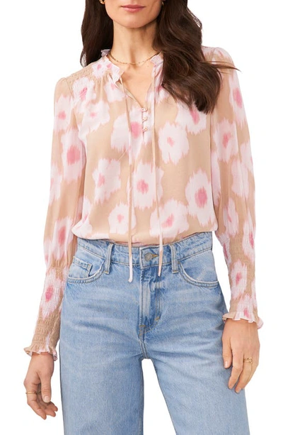 1.state Smocked Tie Neck Blouse In Breezy Blooms Blue/ Beige