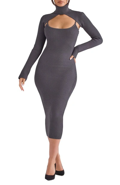 House Of Cb Meliora Long Sleeve Ribbed Body-con Dress With Bolero In Charcoal