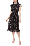 Cece Floral Clip Dot Smocked Ruffle Midi Dress In Rich Black