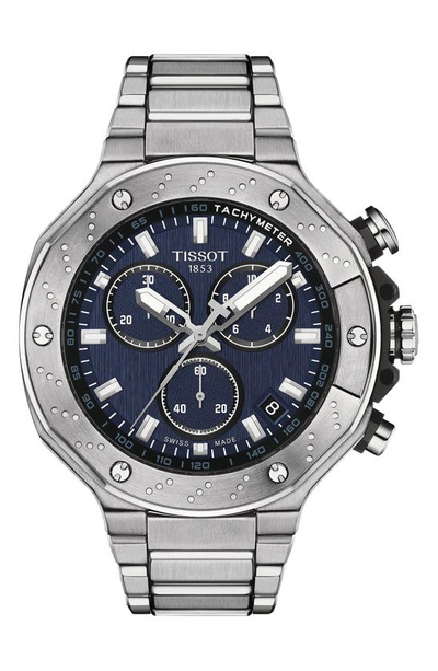 Tissot Men's Swiss Chronograph T-race Stainless Steel Bracelet Watch 45mm In Blue