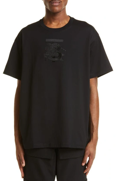 Burberry Embroidered Monogram Ekd Cotton T-shirt In Black