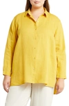 Eileen Fisher Side-slit Button-down Linen Shirt In Lemondrop