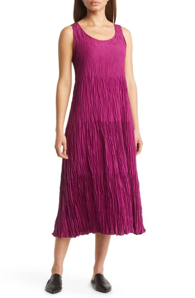 Eileen Fisher Crinkled Scoop-neck Tiered Silk Midi Dress In Raspberry