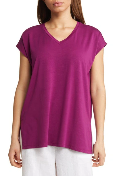 Eileen Fisher Side-slit V-neck Jersey Top In Raspberry