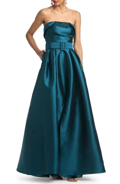 Sachin & Babi Ceri Belted Strapless Gown In Blue