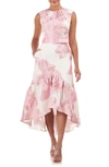Kay Unger High-low Belted Floral-print Midi Dress In Pale Pink