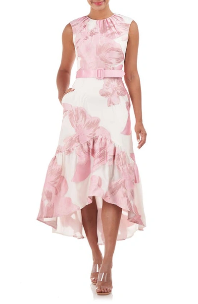 Kay Unger High-low Belted Floral-print Midi Dress In Pale Pink