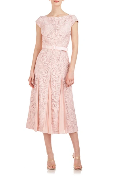 Kay Unger Belted Cap-sleeve A-line Lace Midi Dress In Soft Blush