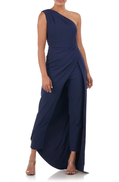 Kay Unger Pleated One-shoulder Crepe Walk-thru Jumpsuit In Midnight
