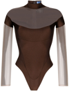 Mugler Illusion Long Sleeve Bodysuit In Chocolate / Nude 2