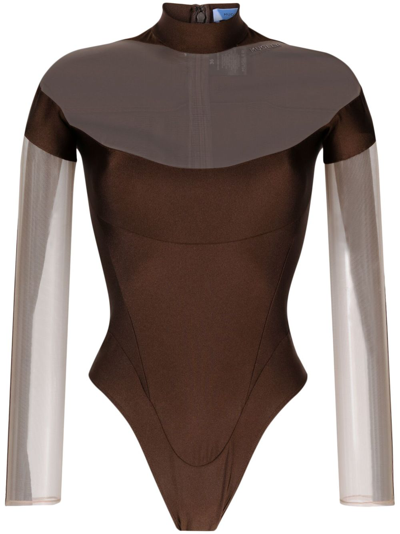 Mugler Illusion Long Sleeve Bodysuit In Chocolate / Nude 2