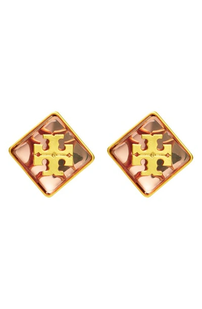 Tory Burch Resin Logo Stud Earrings In Rolled Gold / Pink